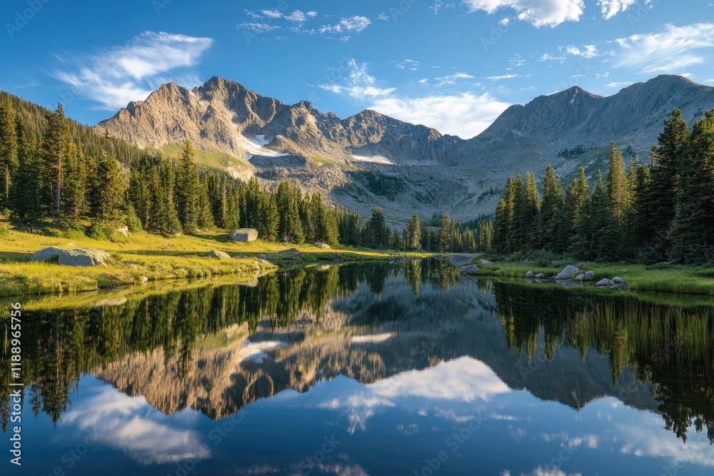 Mountain lake reflecting majestic peaks and sky Mountain lake reflecting majestic peaks and sky
