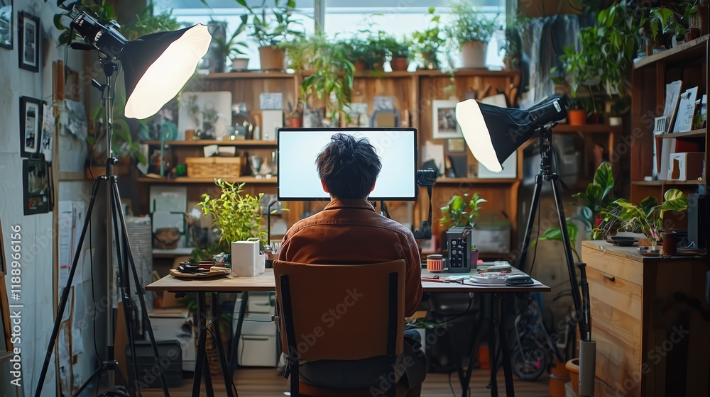 Person Working in Cozy Home Office Surrounded by Green Plants Person Working in Cozy Home Office Surrounded by Green Plants