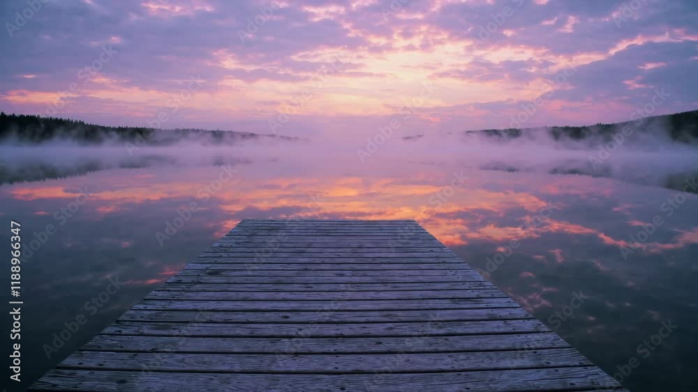 A straight flat simplistic rectangular lake dock, beautiful sunrise, foggy, calm water