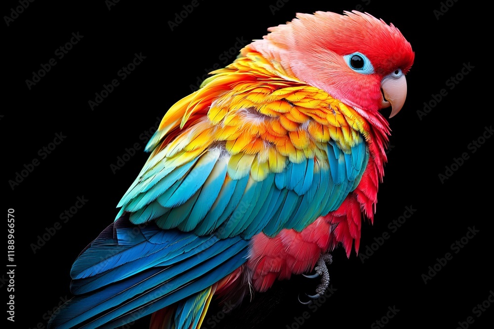 Naklejka premium A vibrant parrot showcasing a stunning array of colors including red, yellow, and blue, against a black background.