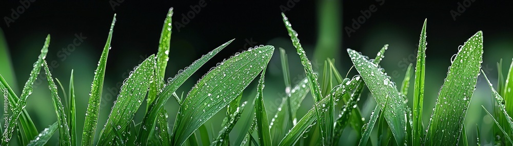 Dewy Green Grass Blades with Water Droplets in Natural Light Against a Dark Background Dewy Green Grass Blades with Water Droplets in Natural Light Against a Dark Background
