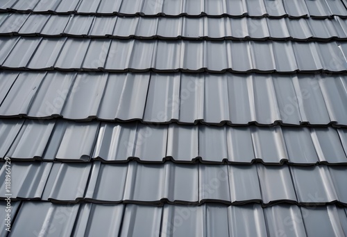 Close-up house roof with steel roofing sheet. Traditional metal shingle tiles. Gray modular tile effect roof panel. Profiled metallic corrugated pantile as clay or concrete slate. Building's covering
