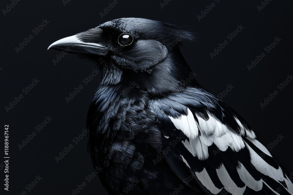 A striking close-up of a black bird with distinctive white wing markings set against a dark background. A striking close-up of a black bird with distinctive white wing markings set against a dark background.