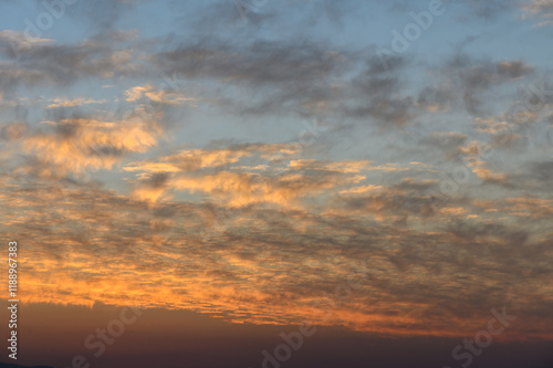Majestic twilight sky painted with soft clouds and warm hues at dusk over the horizon