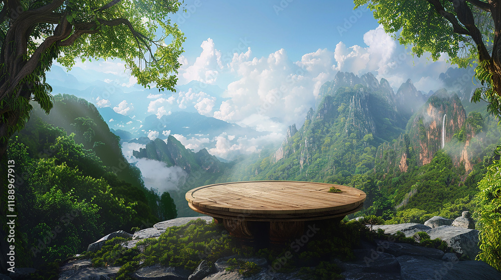 A beautiful mountain landscape with a wooden table on top of a hill. The table is empty and surrounded by trees. The scene is peaceful and serene, with the mountains in the background