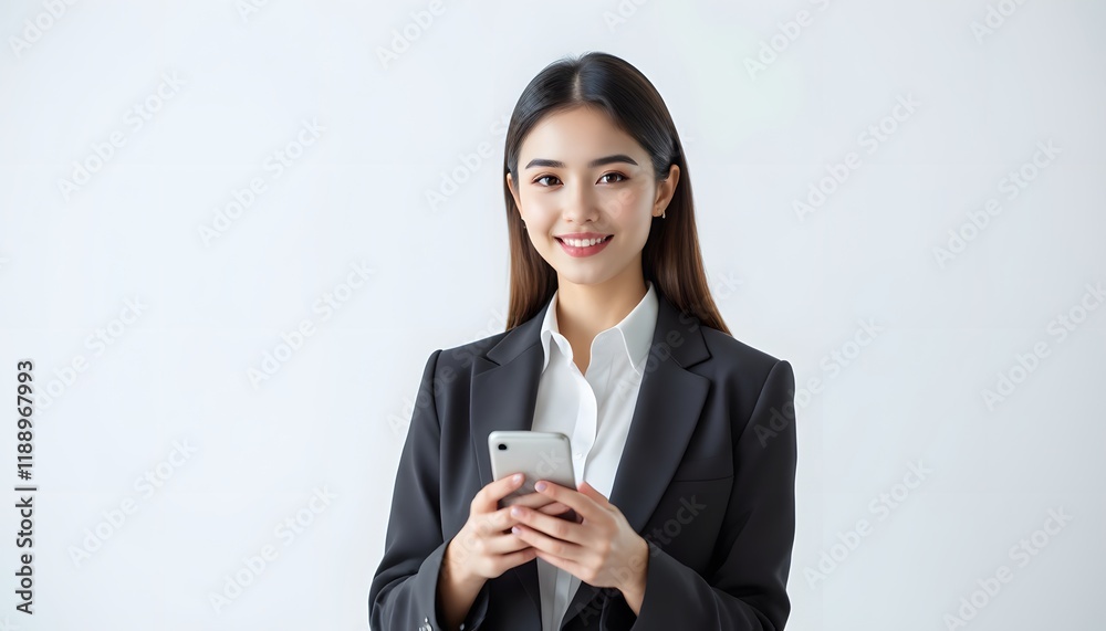 Professional young woman in blazer using phone, exudes confidence and success, ideal for business, career, or technology related presentations or articles Professional young woman in blazer using phone, exudes confidence and success, ideal for business, career, or technology related presentations or articles