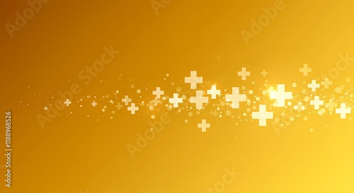 Abstract Gold Background with Glowing Plus Signs and Particles Medical Healthcare Concept