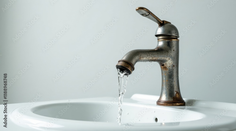 A weathered metallic faucet pours a stream of fresh water into a pristine white basin A weathered metallic faucet pours a stream of fresh water into a pristine white basin