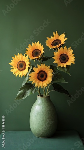 Stunning Sunflowers in a Green Vase - A Timeless Floral Still Life