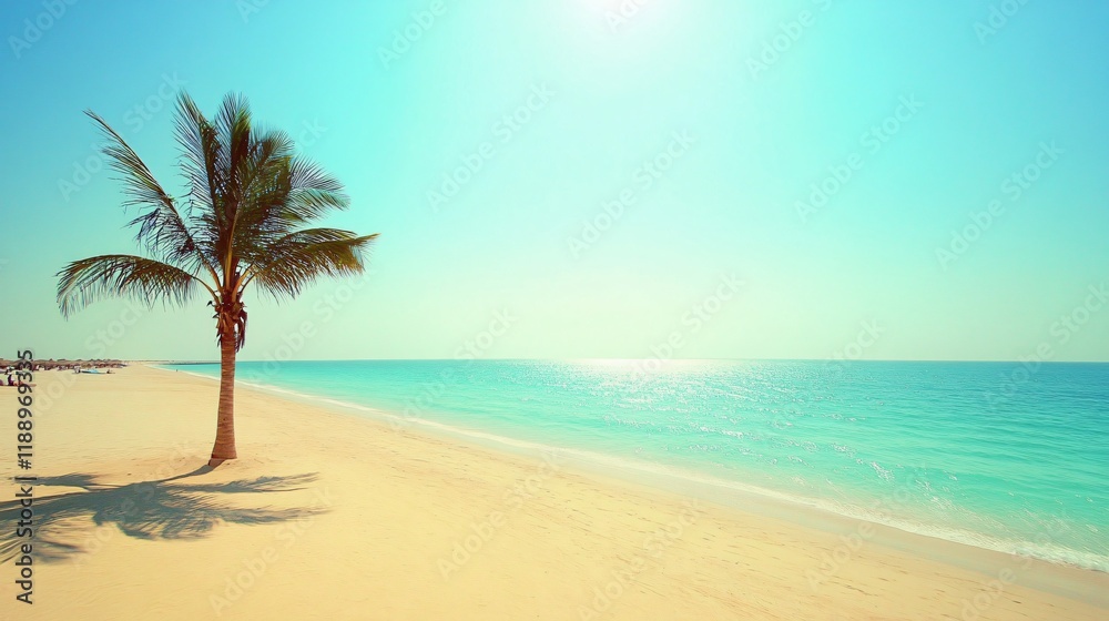 Obraz premium Serene Tropical Beach Scene Palm Tree Ocean