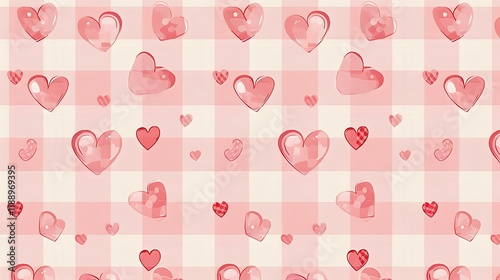 Wallpaper Mural Seamless romantic backdrop featuring a charming pink checkered design interspersed with adorable heart shapes and subtle dot accents, ideal for festive digital projects. Torontodigital.ca