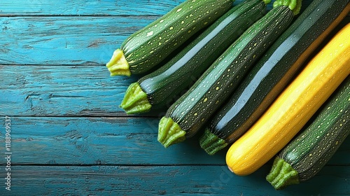 Green and yellow zucchini arranged on a rustic wooden surface photo