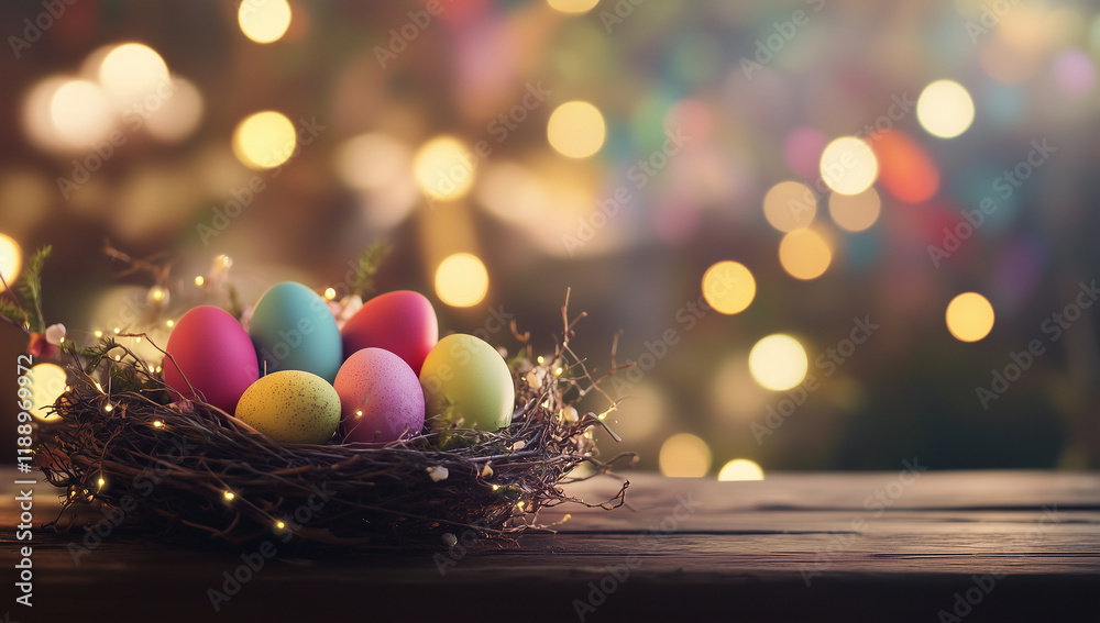 Fototapeta premium A spring time image of a wooden table with an empty area for copy space. There is a nest full of colorful Easter eggs and a bright, cheery bokeh background.