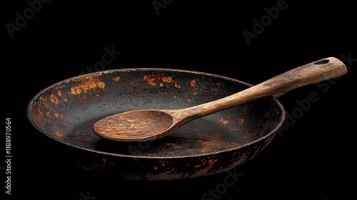 Rustic Wooden Spoon in a Weathered Pan - Vintage Kitchen Utensils photo