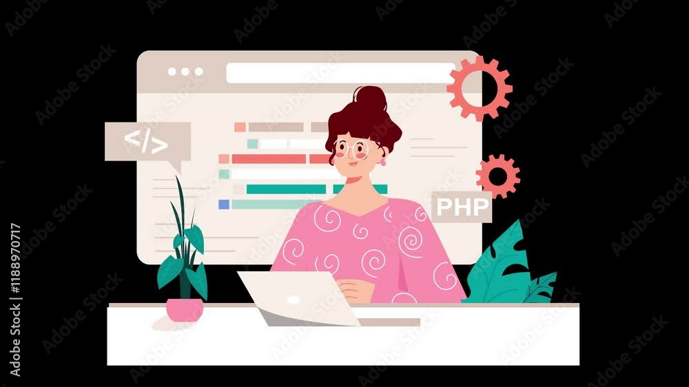 A young woman engaged in programming, showcasing a modern workspace with plants and coding elements, depicted in a cartoon style.