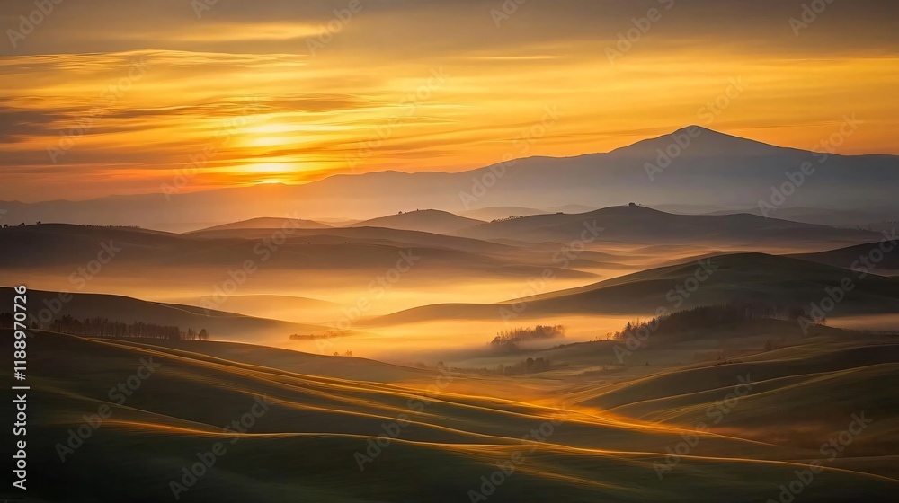 Golden Sunrise over Rolling Hills and Misty Valley Golden Sunrise over Rolling Hills and Misty Valley