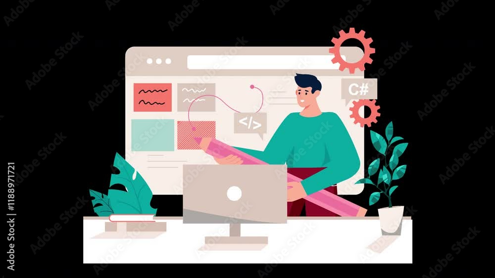 A European man working on coding and design concepts at a computer desk with plants.