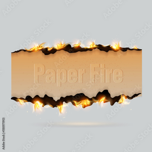 Realistic paper fire vector design with an old page on fire. Burnt paper texture design with fire. Burnt paper design with realistic fire effect. Vector realistic edge paper page design with flame. 