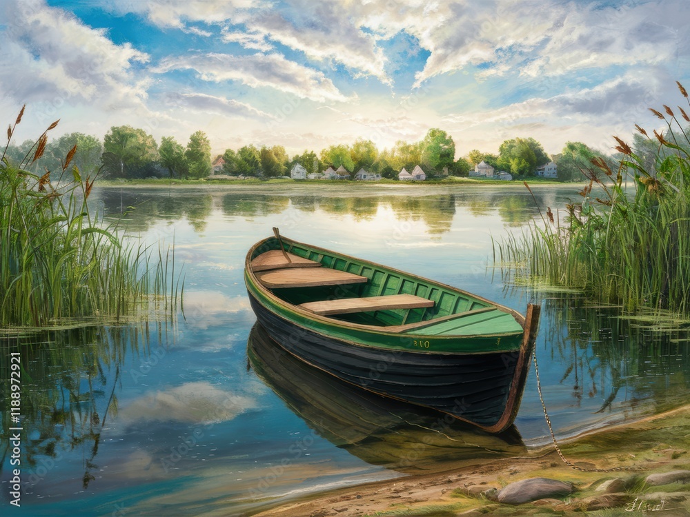 Serene lakeside landscape, green rowboat moored in reeds, reflective calm water, lush green trees and grass, puffy white clouds, summer day, peaceful countryside scene, photorealistic, high detail, so Serene lakeside landscape, green rowboat moored in reeds, reflective calm water, lush green trees and grass, puffy white clouds, summer day, peaceful countryside scene, photorealistic, high detail, so