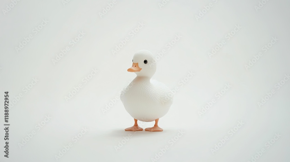 Fototapeta premium A cute white duck standing on a minimalist white background, perfect for a fresh, clean image.