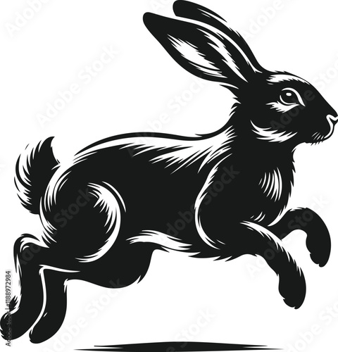 A striking black silhouette of a hare in mid-leap against a pure white background.