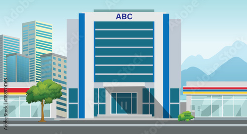 ABC text icon logo sign art street flat view home house bri clinic famous blue town urban city office bank care aid bca design first vector store tree tower