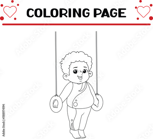 happy cartoon fat boy hanging gymnastic rings coloring page for kids