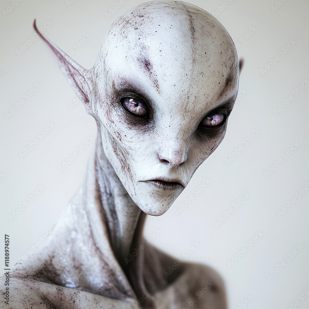 Fototapeta premium Mysterious extraterrestrial figure gazes with an alluring, enigmatic expression in softly lit surroundings