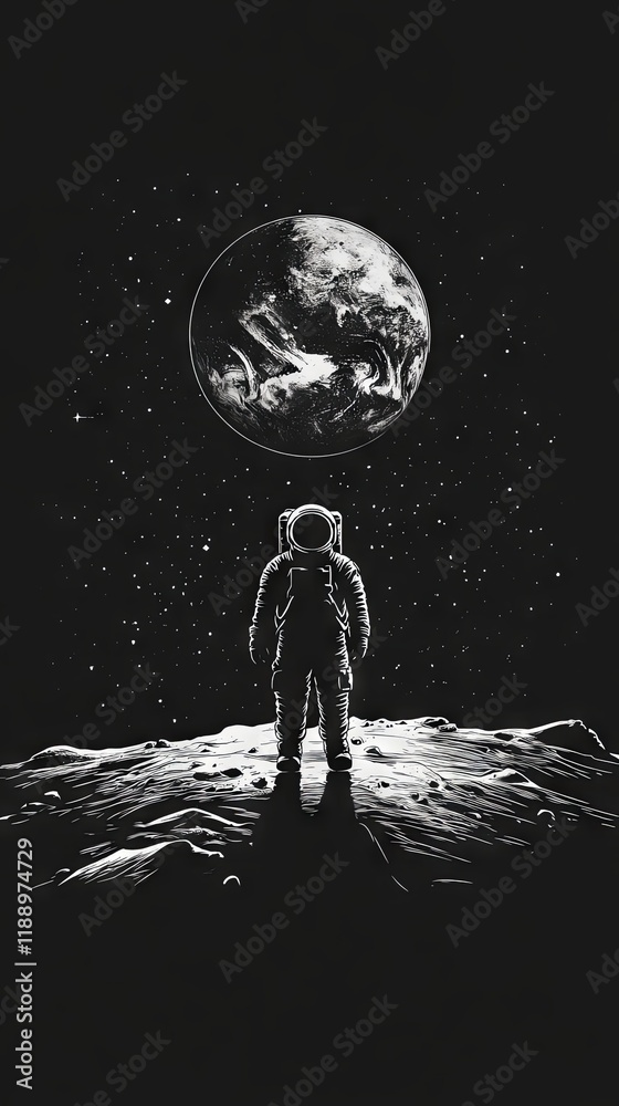 Obraz premium Astronaut on the Moon Gazing at Earth - A Cosmic Silhouette