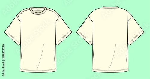 Men's drop shoulder crew neck short sleeve t-shirt flat sketch, outline, CAD, clothing mockup.