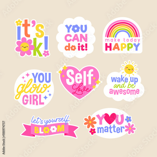 Set of positive thinking concept stickers design. Encourage quotes lettering with cute elements.