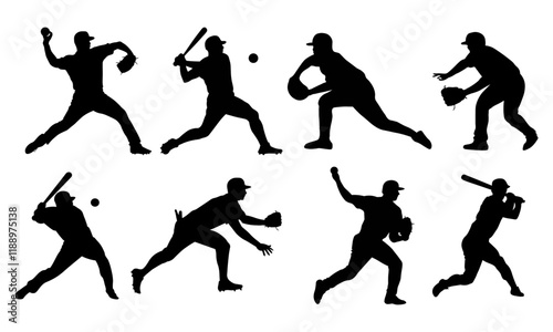 Baseball Player Silhouettes Set in Different Actions - Vector Illustration of Batting, Pitching, Catching, and Fielding Poses for Softball Design Projects