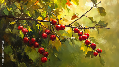 Oil painting showcasing autumn with vibrant red hawthorn berries on branches set against a lush green backdrop highlighting the beauty of seasonal nature. Thornpath. Illustration