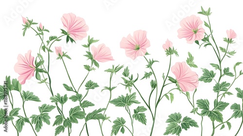 Delicate Pink Flowers and Lush Green Foliage Design