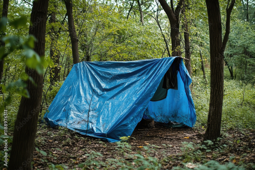 Wet tarp shelter, lush forest, ground container Wet tarp shelter, lush forest, ground container