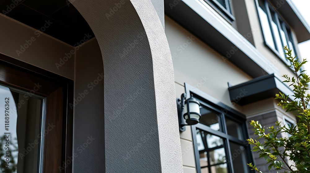 Fototapeta premium Modern House Exterior: Architectural Design and Details. Grey Stone Facade, Curved Arch Entrance, and Large Windows. Contemporary Home Design
