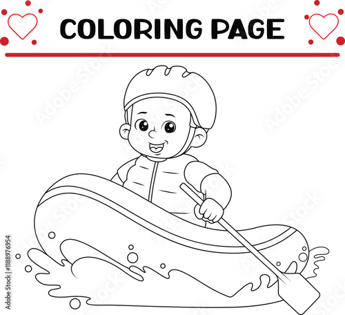 boy rafting adventure using safety helmet holding paddle coloring page for kids