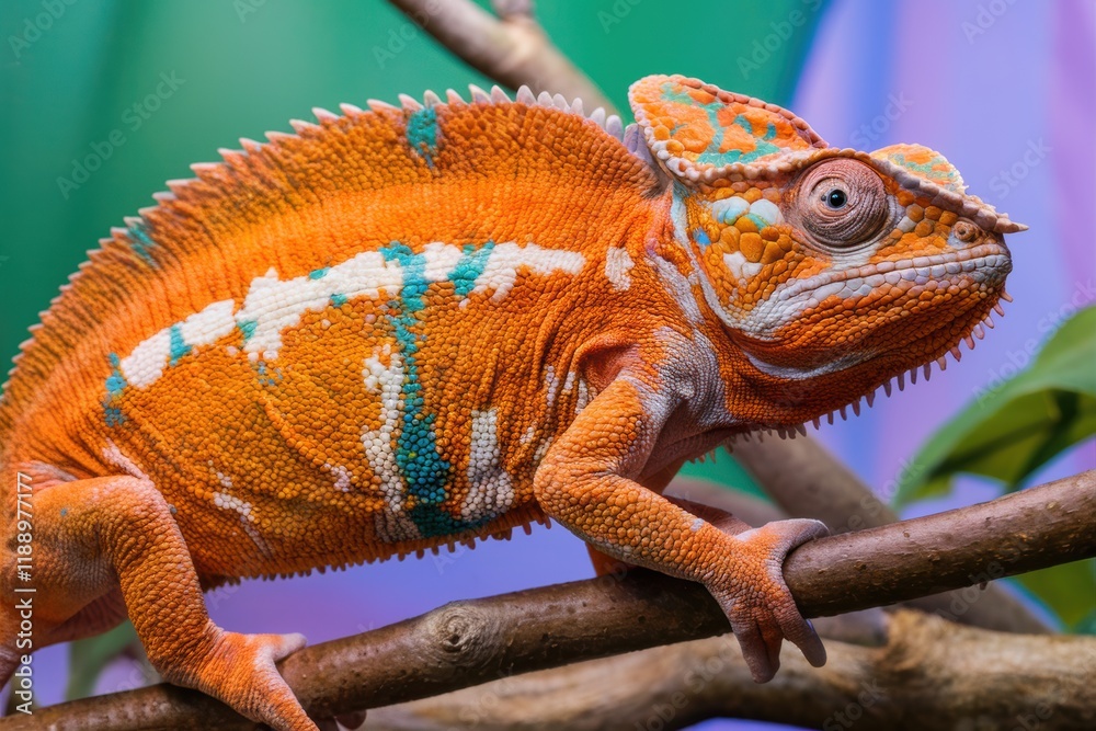 Obraz premium Vibrant chameleon, orange and blue scales, large eyes, curled tail, thin branch, blurred green background, macro photography, textured skin, exotic reptile, colorful lizard, nature close-up, tropical 
