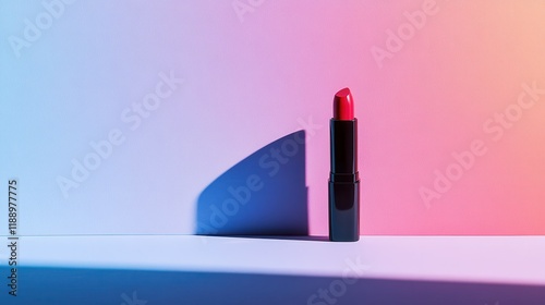 Red lipstick standing upright on a white shelf. Soft blue shadow and pink gradient background with clean studio lighting. Bold confidence and self-expression. Ideal for beauty ads and branding.