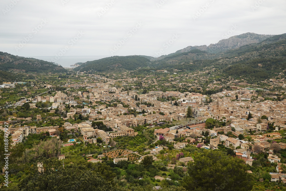 The panorama of Soller from Ses Tres Creus, Mallorca, Spain The panorama of Soller from Ses Tres Creus, Mallorca, Spain