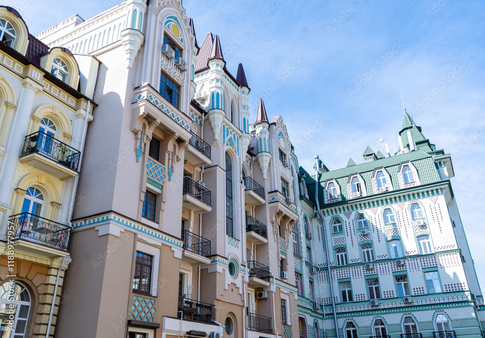 Fototapeta premium Modern balcony exterior of Houses Buildings facade architecture . Balconies and windows street