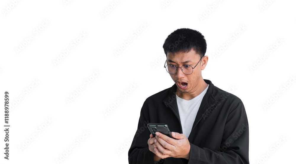 Young Asian man wearing black coat is excited and surprised by notification on his cell phone, isolated on white background. Man is surprised by message he received on his smartphone. Shock face Young Asian man wearing black coat is excited and surprised by notification on his cell phone, isolated on white background. Man is surprised by message he received on his smartphone. Shock face