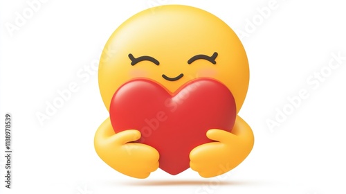 A cheerful smiley character hugs a bright red heart, capturing the essence of love and affection during Valentine's Day celebrations, spreading joy everywhere