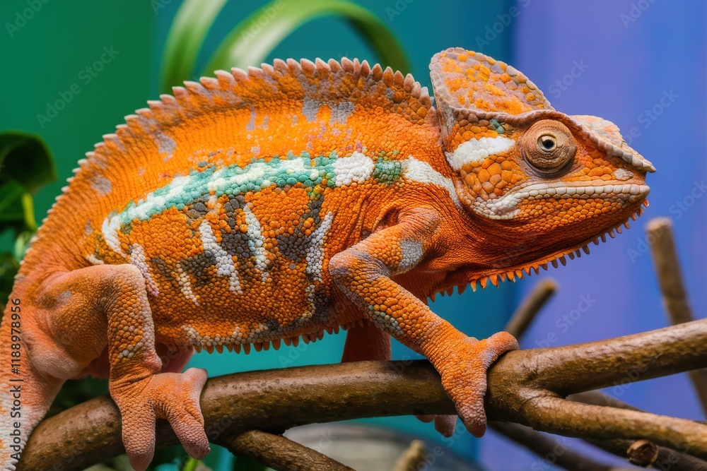 Obraz premium Vibrant chameleon, Colorful lizard, Close-up portrait, Orange and blue scales, Exotic reptile, Textured skin, Bulging eyes, Perched on branch, Tropical rainforest background, High detail, Macro photog