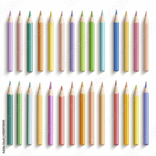100th day of school Colored pencils arranged in neat rows on a white background.
