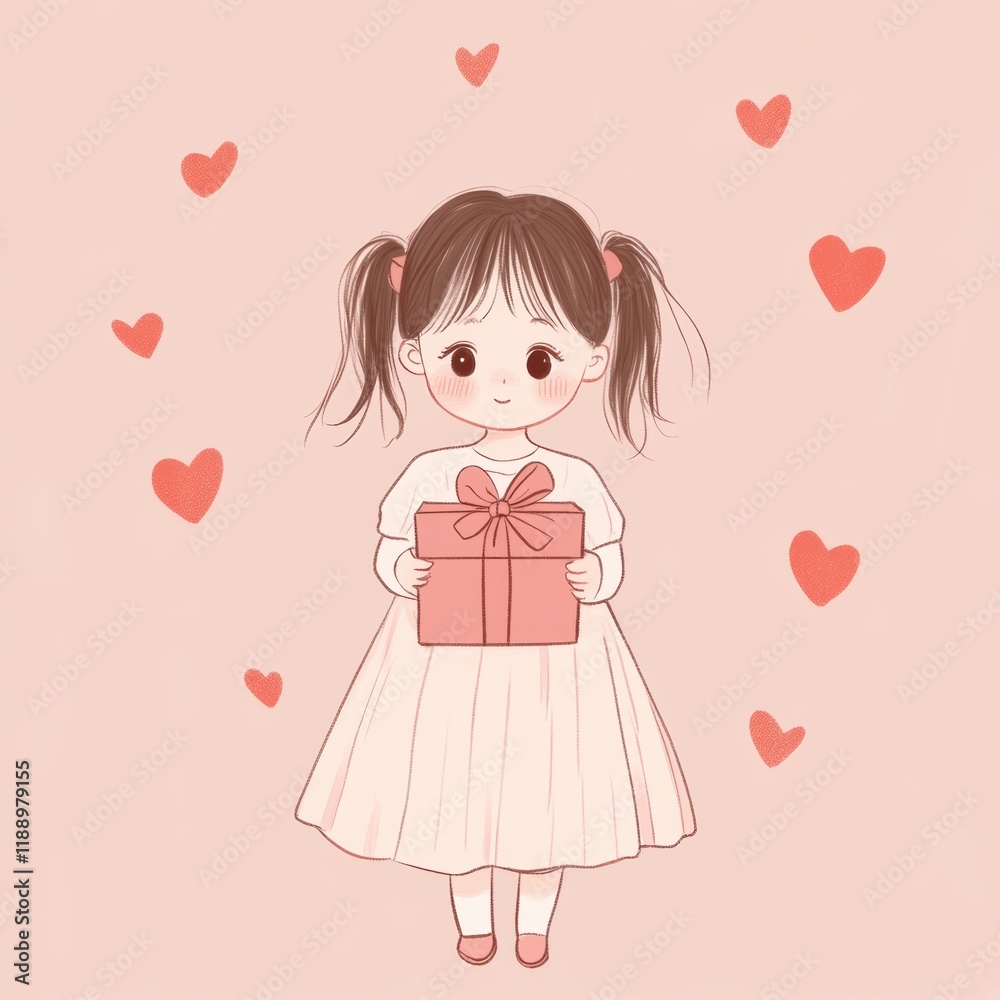 Cute beautiful girl with gift box for Valentine’s Day greeting card design Cute beautiful girl with gift box for Valentine’s Day greeting card design