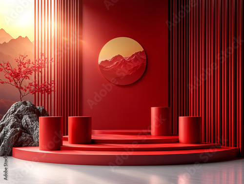 chinese new year theme, a red podium stage with a circular window displaying a traditional Chinese mountain landscape. The background includes red floral decorations and a red wall with vertical lines