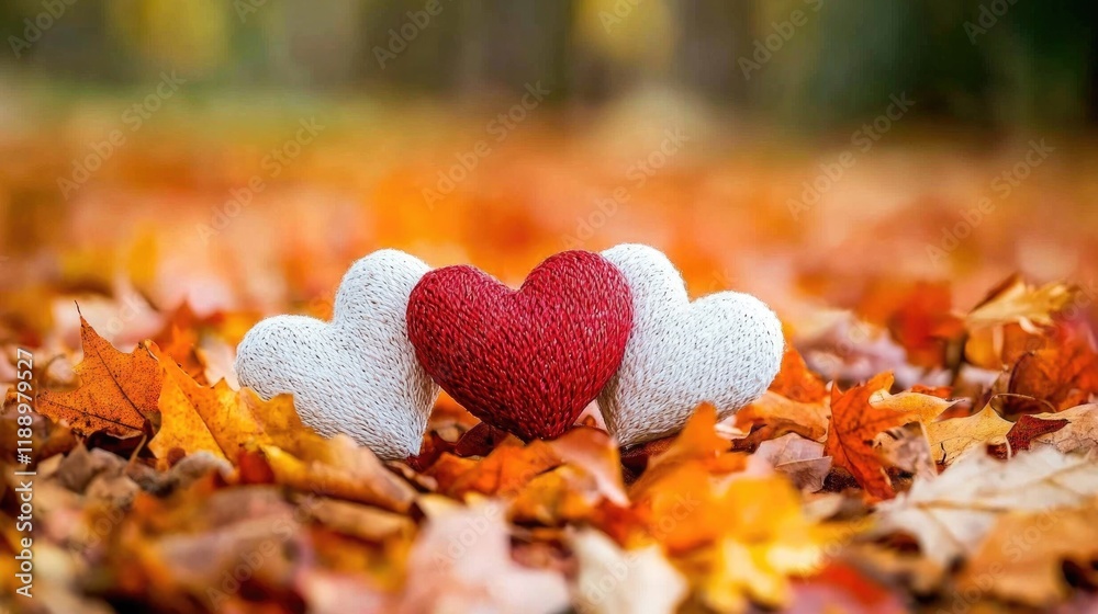 Fototapeta premium Colorful fallen leaves create a warm backdrop for charming heart-shaped decorations, symbolizing love and affection during Valentine's Day festivities