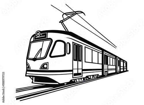 Detailed line art of a high-speed train on tracks for design use