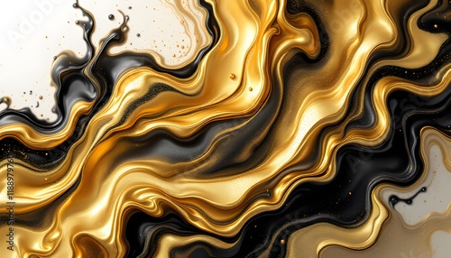 Abstract liquid art with flowing gold and black hues, symbolizing sophistication and luxury, suitable for high-end branding and upscale event promotions. photo